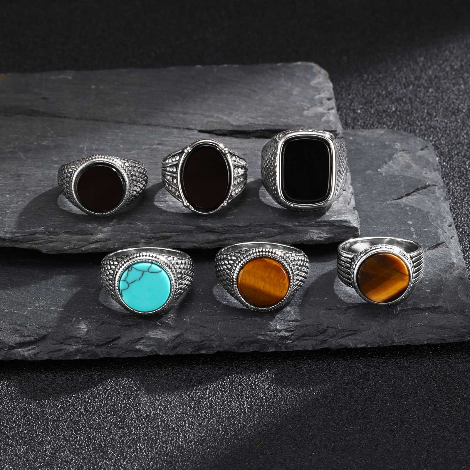 Signet Ring Men - Geometric Turquoise Tiger Eyes Natural Stone
